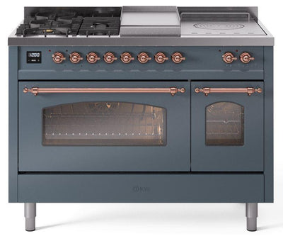 Nostalgie II 48 Inch Dual Fuel Natural Gas Freestanding Range in Blue Grey with Copper Trim