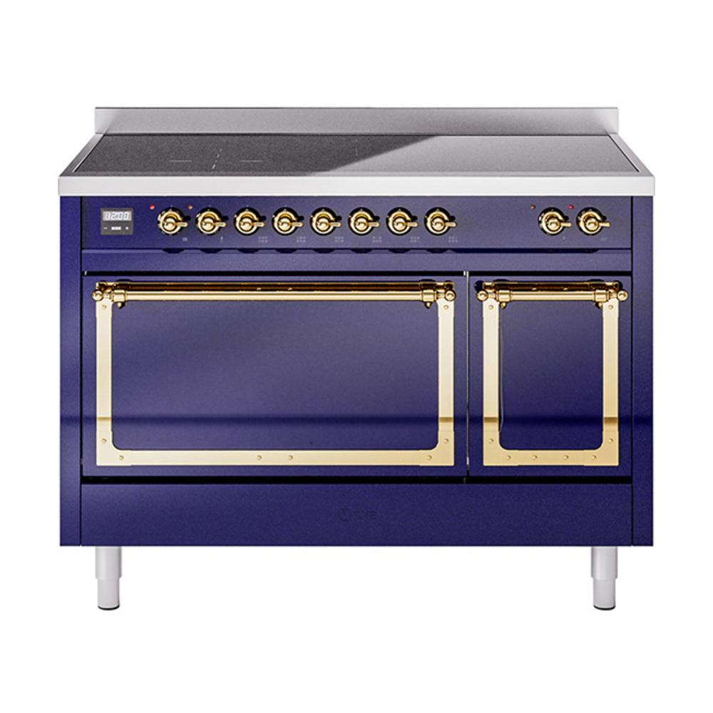 ILVE UNI486QNMPMBG Nostalgie II Noblesse 48 inch Induction Range (Solid Door, Midnight Blue, Brass)