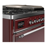ILVE UM48FSQNR3BUC Majestic III 48 inch Dual Fuel Range with 5 Black Brass Burners, Griddle and French Top, Dual Function Burner up to 25,000 BTU (Natural Gas, Solid Door, Burgundy, Chrome)