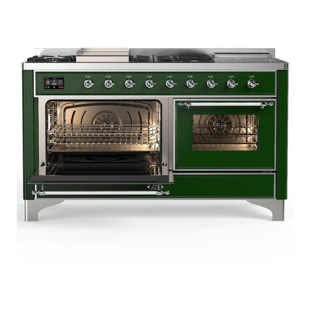 ILVE UM60FSNR3EGCLP Majestic III 60 inch Dual Fuel Range with 7 Burners, Griddle and French Top, Dual Function Burner with up to 25,000 BTU (Liquid Propane, Triple Glass Door, Emerald Green, Chrome)