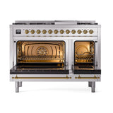 ILVE UN48FQNMPSSG Nostalgie II Noblesse 48 inch Dual Fuel Range (8 Sealed Burners + Griddle, Natural Gas, Solid Door, Stainless Steel, Brass)
