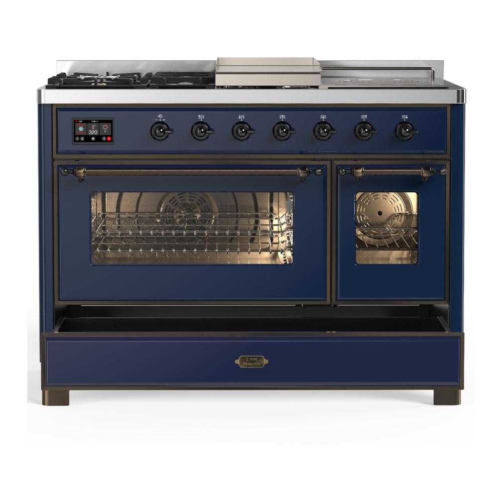 ILVE UM48FSNR3MBBLP Majestic III 48 inch Dual Fuel Range with 5 Black Brass Burners, Griddle and French Top, Dual Function Burner up to 25,000 BTU (Liquid Propane, Triple Glass Door, Midnight Blue, Burnished)