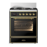 ILVE UM30NR3BKGLP Majestic III 30 inch Dual Fuel Range with 5 Black Brass Burners, Dual Function Burner up to 25,000 BTU (Liquid Propane, Triple Glass Door, Glossy Black, Brass)