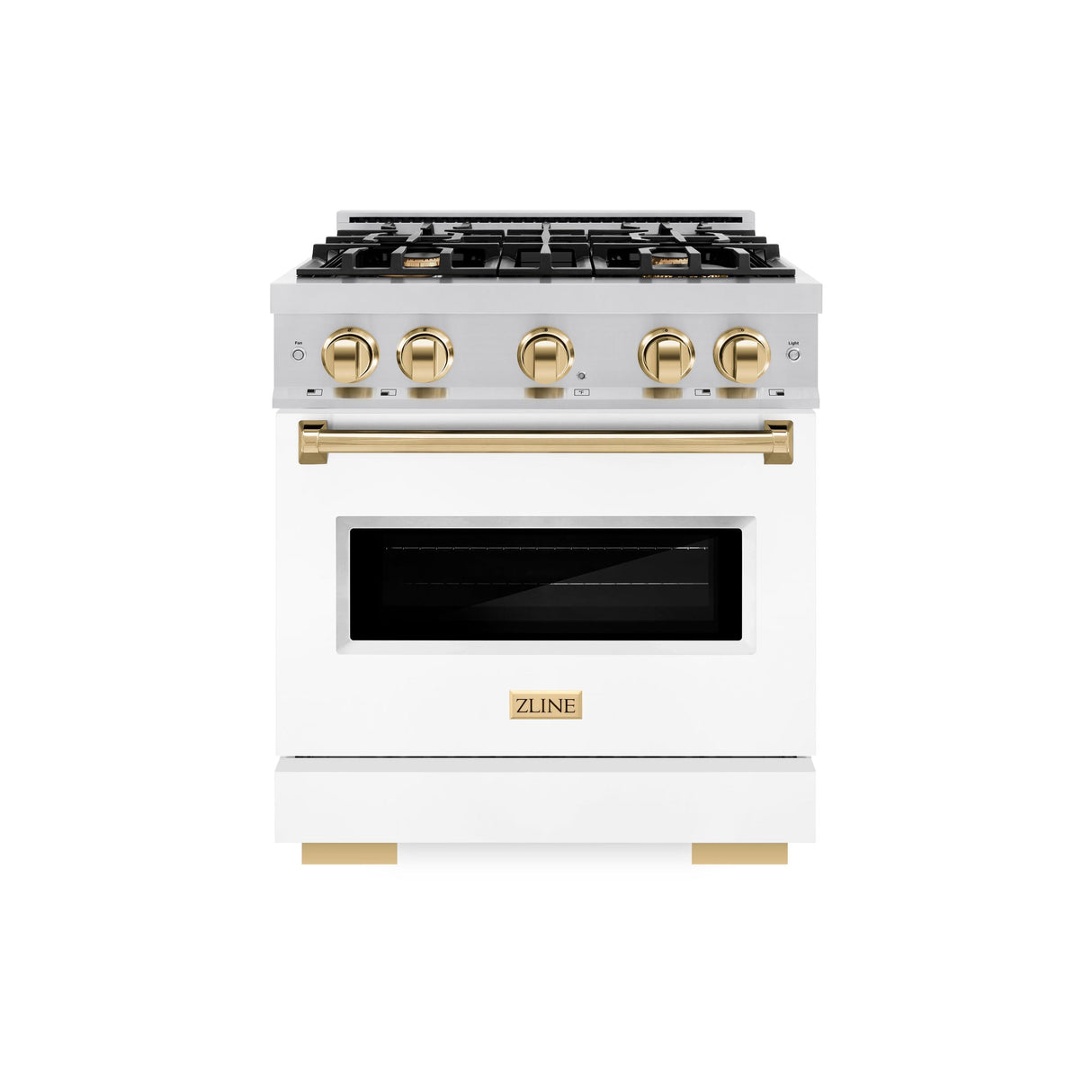 ZLINE Autograph Edition 30 in. 4.2 cu. ft. Classic Dual Fuel Range with 4 Burner Gas Cooktop and Electric Convection Oven in Stainless Steel with White Matte Door and Polished Gold Accents (CDRZ-WM-30-G)
