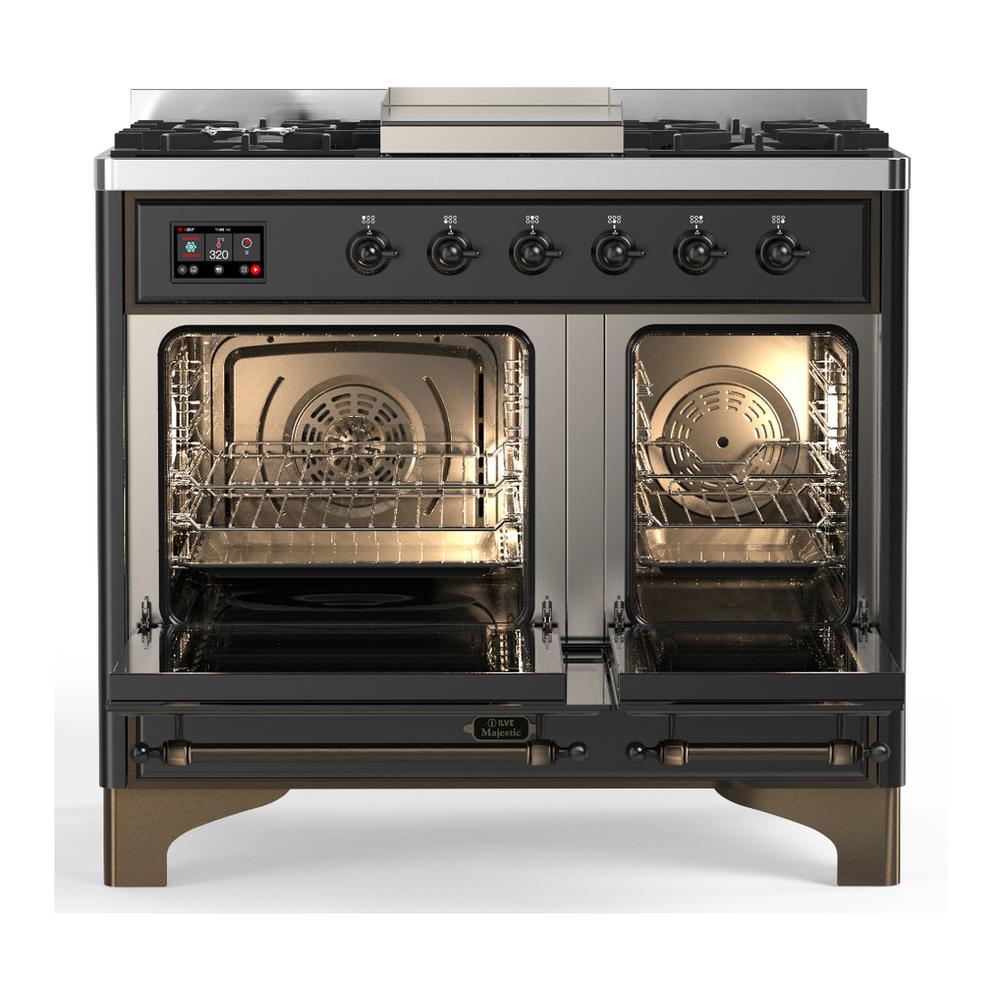 ILVE UMD40FNR3MGB Majestic III 40 inch Dual Fuel Range with 6 Burners and Griddle, Dual Function Burner up to 25,000 BTU (Natural Gas, Triple Glass Door, Graphite Matte, Burnished)