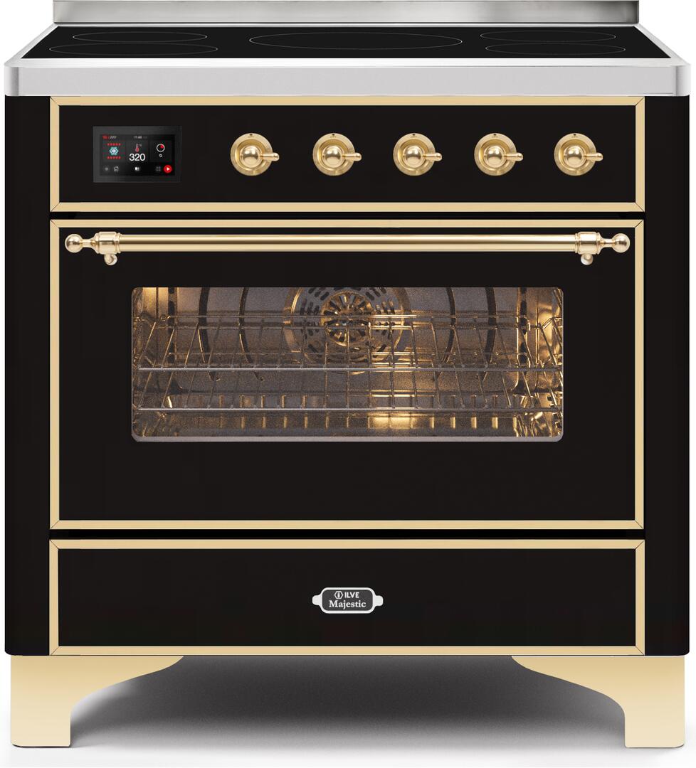 Majestic II 36 Inch Electric Freestanding Range in Glossy Black with Brass Trim
