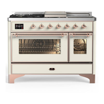 ILVE UM48FSNR3AWPLP Majestic III 48 inch Dual Fuel Range with 5 Black Brass Burners, Griddle and French Top, Dual Function Burner up to 25,000 BTU (Liquid Propane, Triple Glass Door, Antique White, Copper)