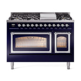 ILVE UN48FNMPMBCLP Nostalgie II Noblesse 48 inch Dual Fuel Range (8 Sealed Burners + Griddle, Liquid Propane, Triple Glass Door, Midnight Blue, Chrome)