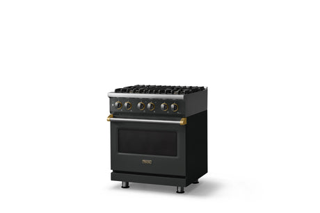 30"W. Dual Fuel Range (Finish: Antique Bronze, Trim: Brushed Brass, Fuel: Natural Gas)