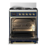ILVE UM30QNR3MBG Majestic III 30 inch Dual Fuel Range with 5 Black Brass Burners, Dual Function Burner up to 25,000 BTU (Natural Gas, Solid Door, Midnight Blue, Brass)