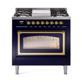 ILVE UN36FNMPMBG Nostalgie II Noblesse 36 inch Dual Fuel Range (Natural Gas, Triple Glass Door, Midnight Blue, Brass)