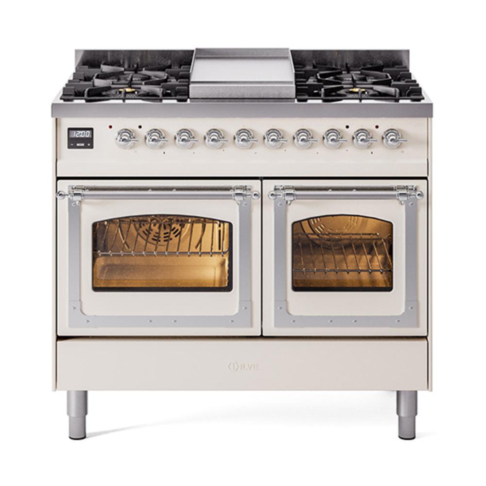 ILVE UND40FNMPAWCLP Nostalgie II Noblesse 40 inch Dual Fuel Range (Liquid Propane, Triple Glass Door, Antique White, Chrome)