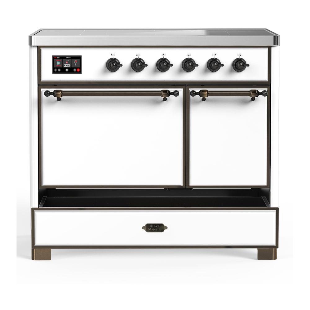 ILVE UMDIB40QNR3WHB Majestic III 40 inch Induction Range with 6 Elements, 3.82 cu. ft. Total Oven Capacity (Solid Door, White, Burnished)