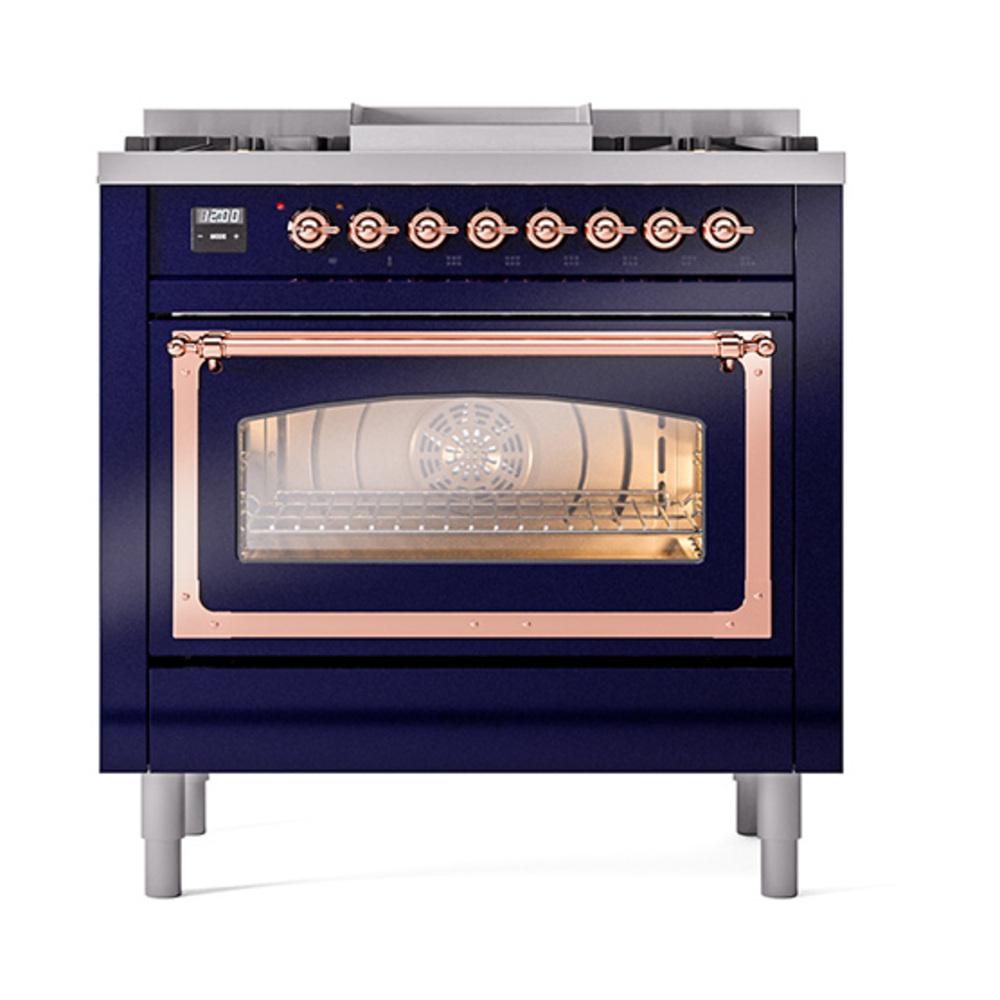 ILVE UN36FNMPMBPLP Nostalgie II Noblesse 36 inch Dual Fuel Range (Liquid Propane, Triple Glass Door, Midnight Blue, Copper)