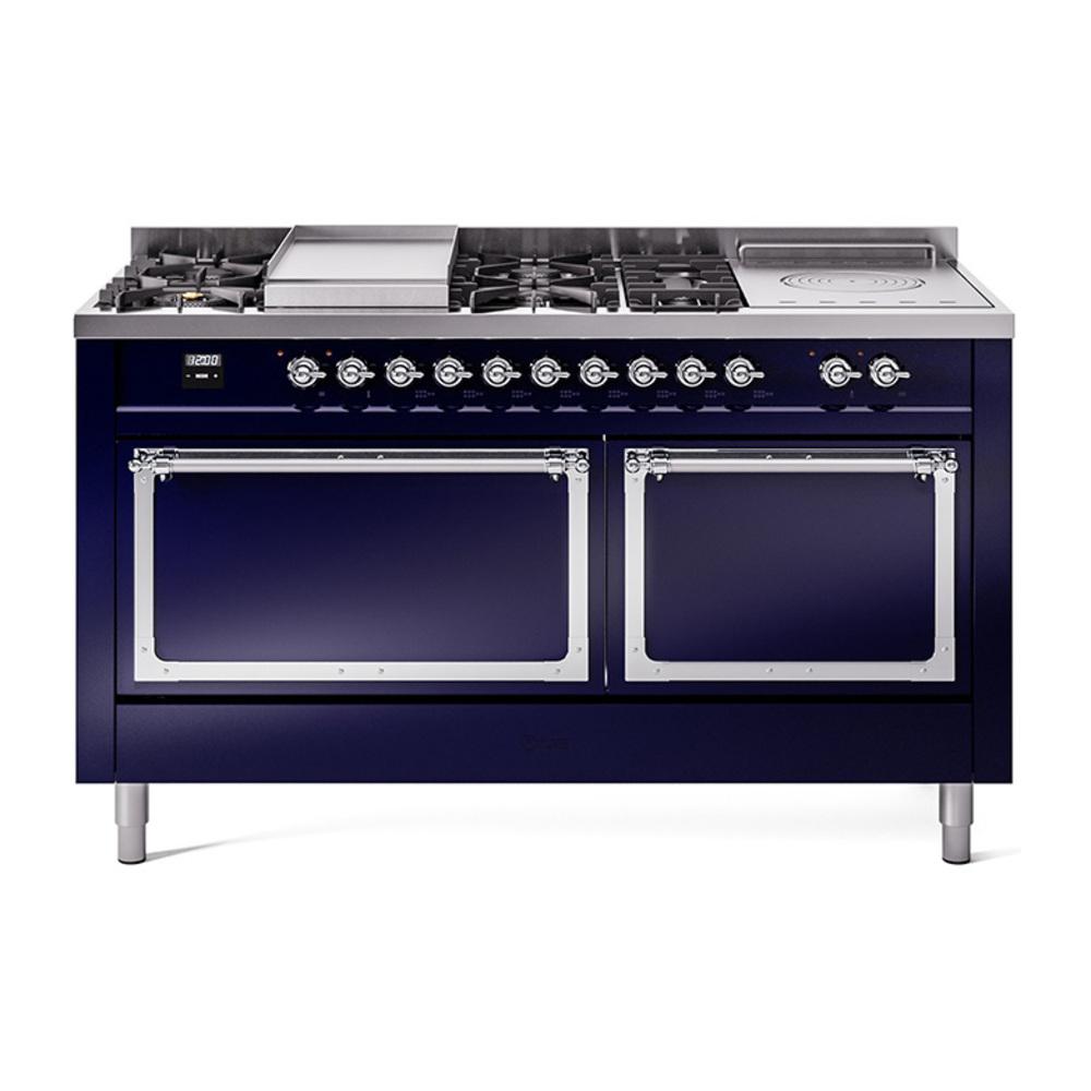 ILVE UN60FSQNMPMBC Nostalgie II Noblesse 60 inch Dual Fuel Range (7 Sealed Burners + Griddle + French Top, Natural Gas, Solid Door, Midnight Blue, Chrome)