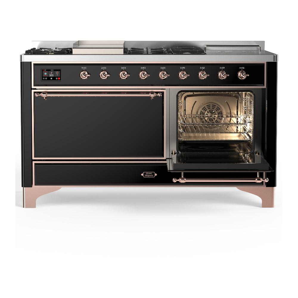 ILVE UM60FSQNR3BKPLP Majestic III 60 inch Dual Fuel Range with 7 Burners, Griddle and French Top, Dual Function Burner with up to 25,000 BTU (Liquid Propane, Solid Door, Glossy Black, Copper)