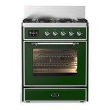 ILVE UM30NR3EGC Majestic III 30 inch Dual Fuel Range with 5 Black Brass Burners, Dual Function Burner up to 25,000 BTU (Natural Gas, Triple Glass Door, Emerald Green, Chrome)