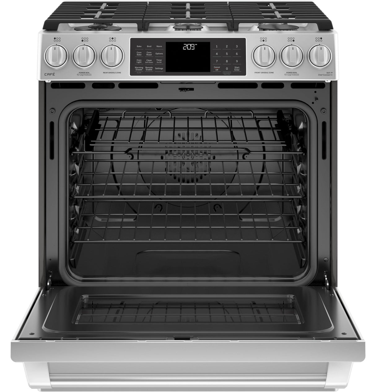 GE Cafe™ Series 30" Slide-In Front Control Dual-Fuel Range with Warming Drawer