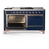 ILVE UM60FSQNR3MBPLP Majestic III 60 inch Dual Fuel Range with 7 Burners, Griddle and French Top, Dual Function Burner with up to 25,000 BTU (Liquid Propane, Solid Door, Midnight Blue, Copper)