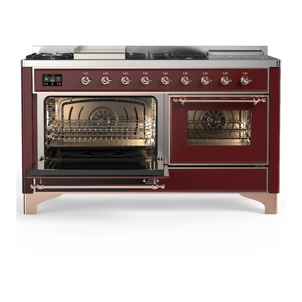 ILVE UM60FSNR3BUPLP Majestic III 60 inch Dual Fuel Range with 7 Burners, Griddle and French Top, Dual Function Burner with up to 25,000 BTU (Liquid Propane, Triple Glass Door, Burgundy, Copper)