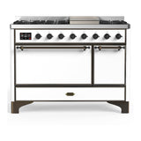ILVE UM48FQNR3WHB Majestic III 48 inch Dual Fuel Range with 8 Burners and Griddle, Dual Function Burner up to 25,000 BTU (Natural Gas, Solid Door, White, Burnished)