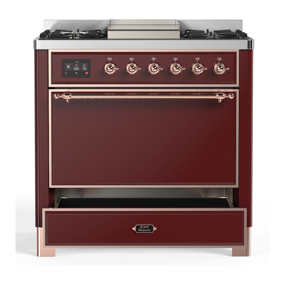ILVE UM36FQNR3BUP Majestic III 36 inch Dual Fuel Range with 6 Black Brass Burners and Griddle, Dual Function Burner up to 25,000 BTU (Solid Door, Burgundy, Copper, Natural Gas)
