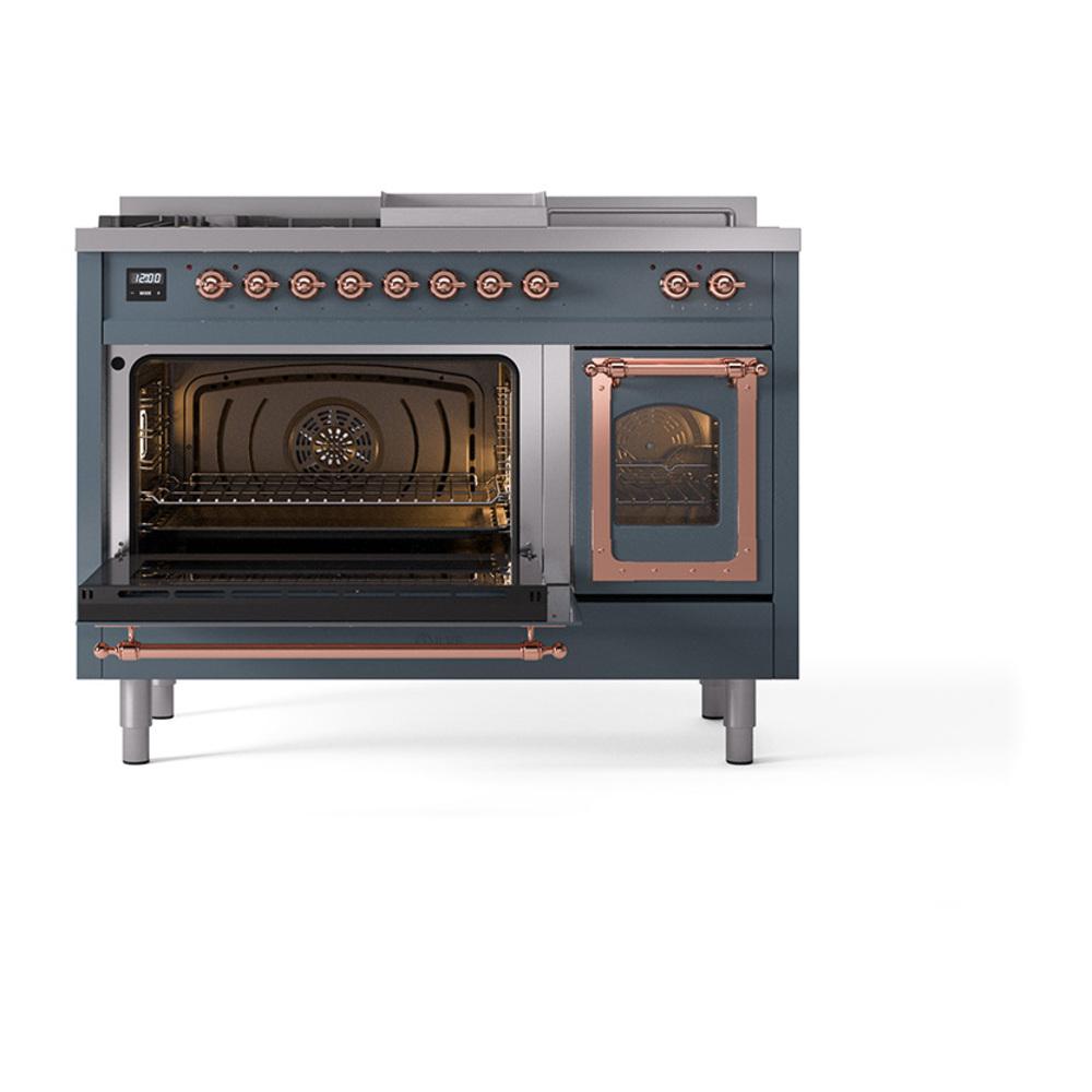 ILVE UN48FSNMPBGPLP Nostalgie II Noblesse 48 inch Dual Fuel Range (5 Sealed Burners + Griddle + French Top, Liquid Propane, Triple Glass Door, Blue Grey, Copper)