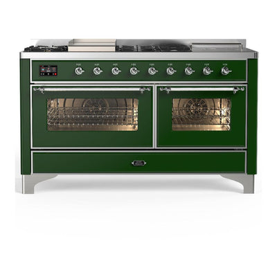 ILVE UM60FSNR3EGCLP Majestic III 60 inch Dual Fuel Range with 7 Burners, Griddle and French Top, Dual Function Burner with up to 25,000 BTU (Liquid Propane, Triple Glass Door, Emerald Green, Chrome)