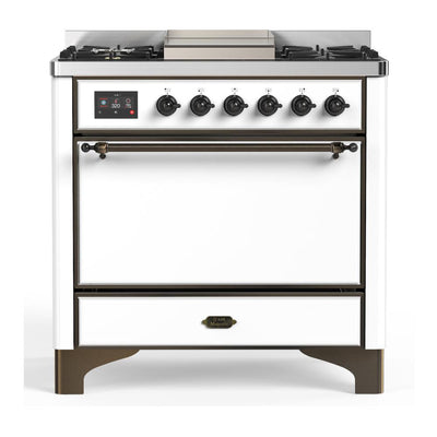 ILVE UM36FQNR3WHB Majestic III 36 inch Dual Fuel Range with 6 Black Brass Burners and Griddle, Dual Function Burner up to 25,000 BTU (Solid Door, White, Burnished, Natural Gas)