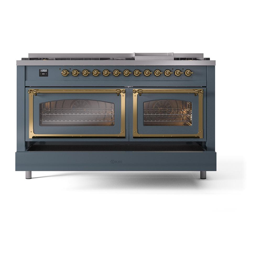 ILVE UN60FNMPBGGLP Nostalgie II Noblesse 60 inch Dual Fuel Range (9 Sealed Burners + Griddle, Liquid Propane, Triple Glass Door, Blue Grey, Brass)