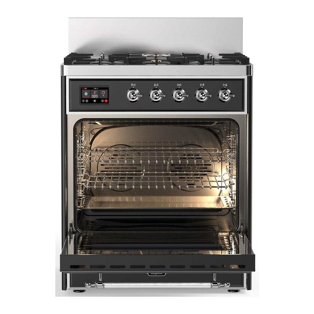 ILVE UM30NR3MGC Majestic III 30 inch Dual Fuel Range with 5 Black Brass Burners, Dual Function Burner up to 25,000 BTU (Natural Gas, Triple Glass Door, Graphite Matte, Chrome)