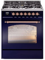 Nostalgie II 30 Inch Dual Fuel Natural Gas Freestanding Range in Blue with Copper Trim