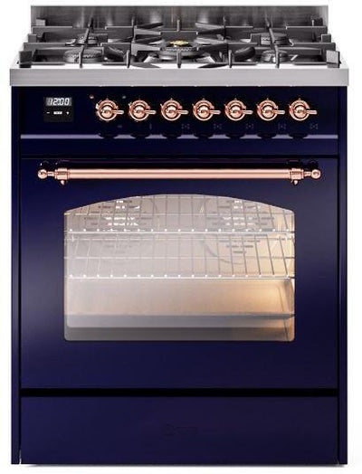 Nostalgie II 30 Inch Dual Fuel Natural Gas Freestanding Range in Blue with Copper Trim