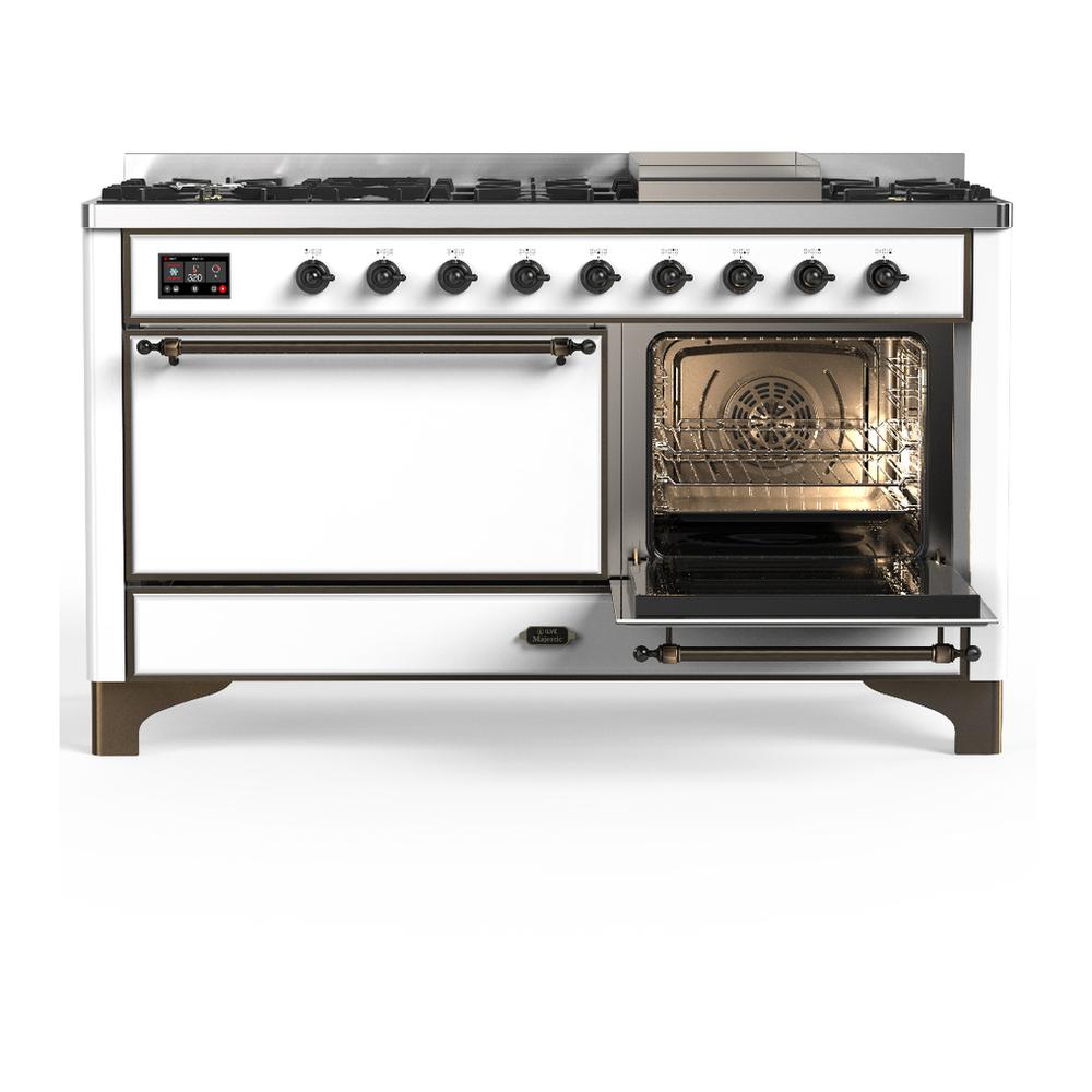 ILVE UM60FQNR3WHBLP Majestic III 60 inch Dual Fuel Range with 9 Burners and Griddle, Dual Function Burner up to 25,000 BTU (Liquid Propane, Solid Door, White, Burnished)