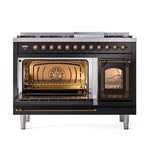 ILVE UN48FNMPBKBLP Nostalgie II Noblesse 48 inch Dual Fuel Range (8 Sealed Burners + Griddle, Liquid Propane, Triple Glass Door, Glossy Black, Burnished)