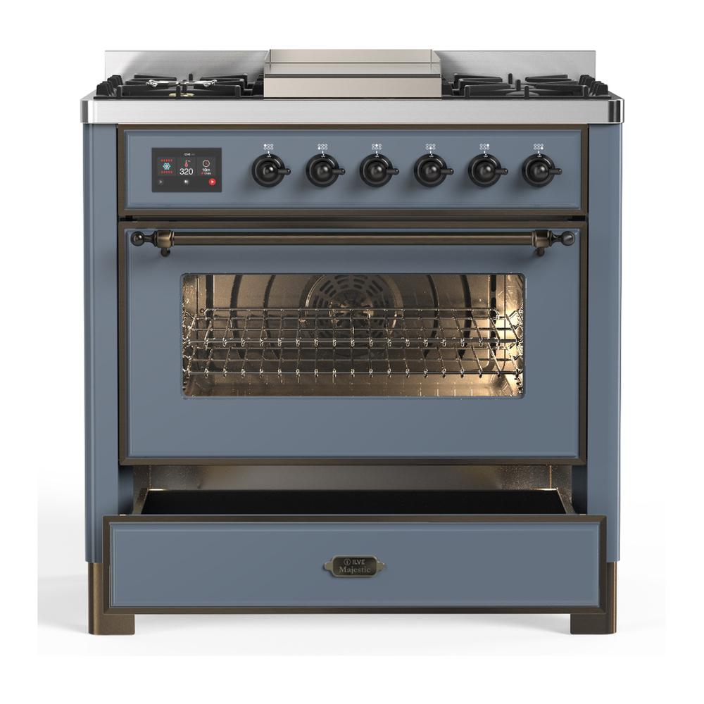 ILVE UM36FNR3BGB Majestic III 36 inch Dual Fuel Range with 6 Black Brass Burners and Griddle, Dual Function Burner up to 25,000 BTU (Triple Glass Door, Blue Grey, Burnished, Natural Gas)