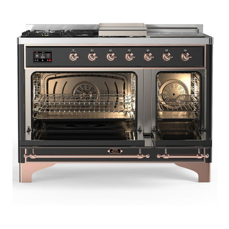 ILVE UM48FSQNR3MGP Majestic III 48 inch Dual Fuel Range with 5 Black Brass Burners, Griddle and French Top, Dual Function Burner up to 25,000 BTU (Natural Gas, Solid Door, Graphite Matte, Copper)