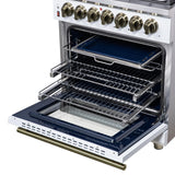 Forno Massimo 30 Inch Freestanding Dual Fuel Range in White with Antique Brass Accessories, 4 Burners, 4.32 cu. ft. Convection Oven