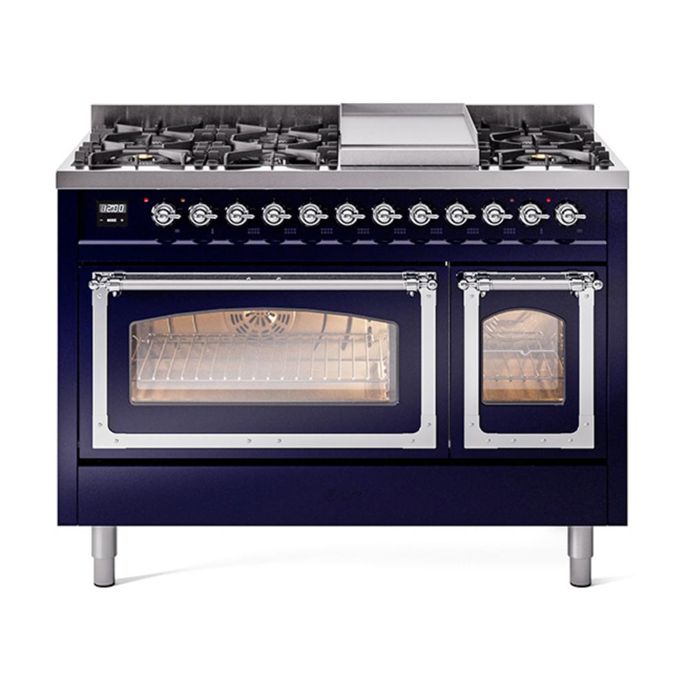 ILVE UN48FNMPMBC Nostalgie II Noblesse 48 inch Dual Fuel Range (8 Sealed Burners + Griddle, Natural Gas, Triple Glass Door, Midnight Blue, Chrome)
