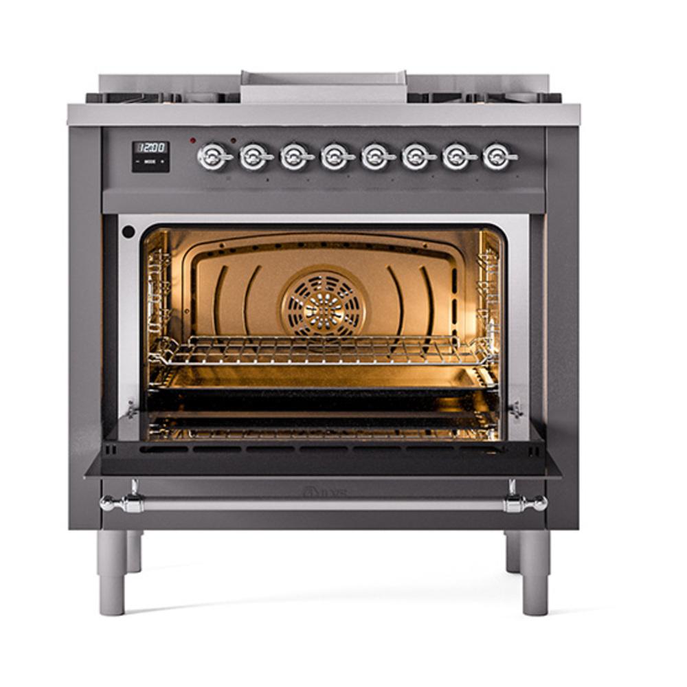 ILVE UN36FQNMPMGC Nostalgie II Noblesse 36 inch Dual Fuel Range (Natural Gas, Solid Door, Graphite Matte, Chrome)