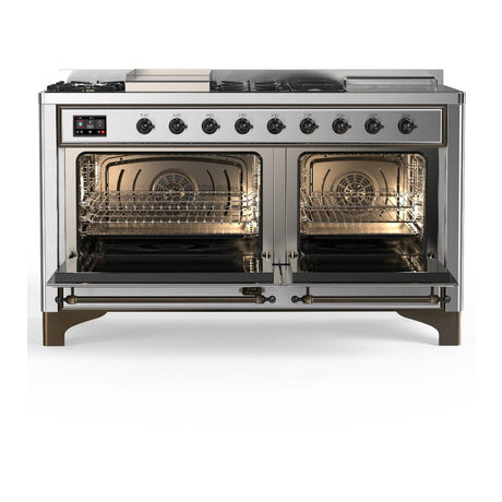 ILVE UM60FSQNR3SSB Majestic III 60 inch Dual Fuel Range with 7 Burners, Griddle and French Top, Dual Function Burner with up to 25,000 BTU (Natural Gas, Solid Door, Stainless Steel, Burnished)