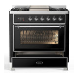 ILVE UM36FNR3BKCLP Majestic III 36 inch Dual Fuel Range with 6 Black Brass Burners and Griddle, Dual Function Burner up to 25,000 BTU (Triple Glass Door, Glossy Black, Chrome, Liquid Propane)
