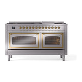 ILVE UN60FNMPSSG Nostalgie II Noblesse 60 inch Dual Fuel Range (9 Sealed Burners + Griddle, Natural Gas, Triple Glass Door, Stainless Steel, Brass)