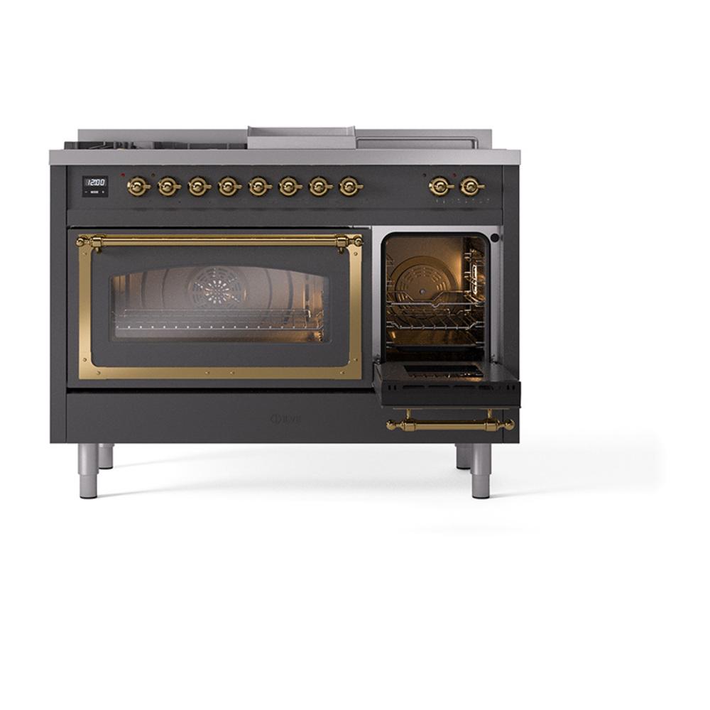 ILVE UN48FSNMPMGGLP Nostalgie II Noblesse 48 inch Dual Fuel Range (5 Sealed Burners + Griddle + French Top, Liquid Propane, Triple Glass Door, Graphite Matte, Brass)