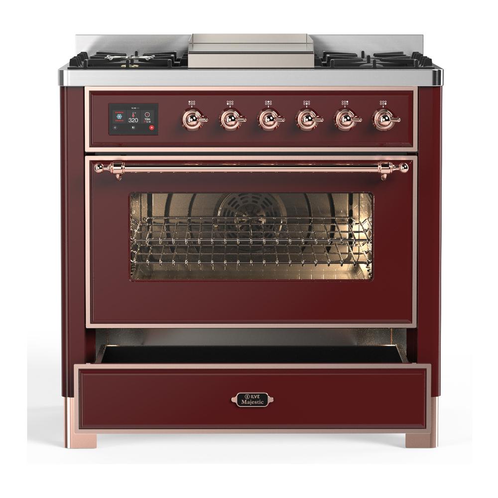 ILVE UM36FNR3BUPLP Majestic III 36 inch Dual Fuel Range with 6 Black Brass Burners and Griddle, Dual Function Burner up to 25,000 BTU (Triple Glass Door, Burgundy, Copper, Liquid Propane)