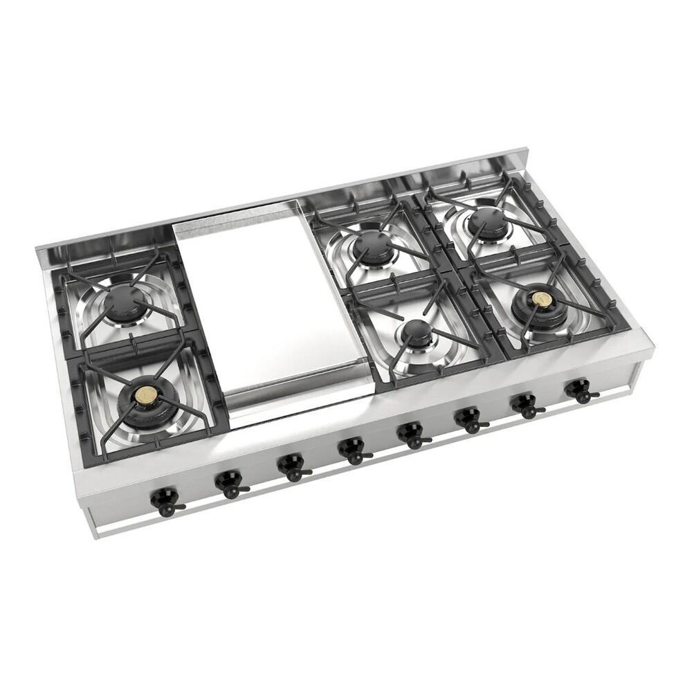 ILVE UHCP48FNSSB Nostalgie II 48 inch Built-In Gas Rangetop with Griddle, in Stainless Steel (Natural Gas, Burnished)