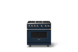 36"W. Sealed Burner Gas Range (Burner: 6b, Finish: Slate Blue, Trim: Brushed Brass, Fuel: Natural Gas)