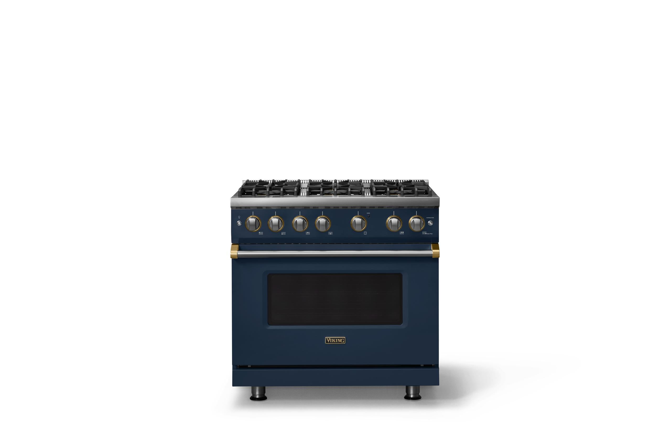36"W. Sealed Burner Gas Range (Burner: 6b, Finish: Slate Blue, Trim: Brushed Brass, Fuel: Natural Gas)