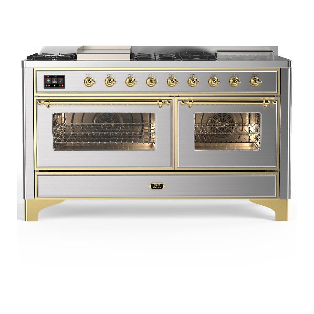 ILVE UM60FSNR3SSGLP Majestic III 60 inch Dual Fuel Range with 7 Burners, Griddle and French Top, Dual Function Burner with up to 25,000 BTU (Liquid Propane, Triple Glass Door, Stainless Steel, Brass)