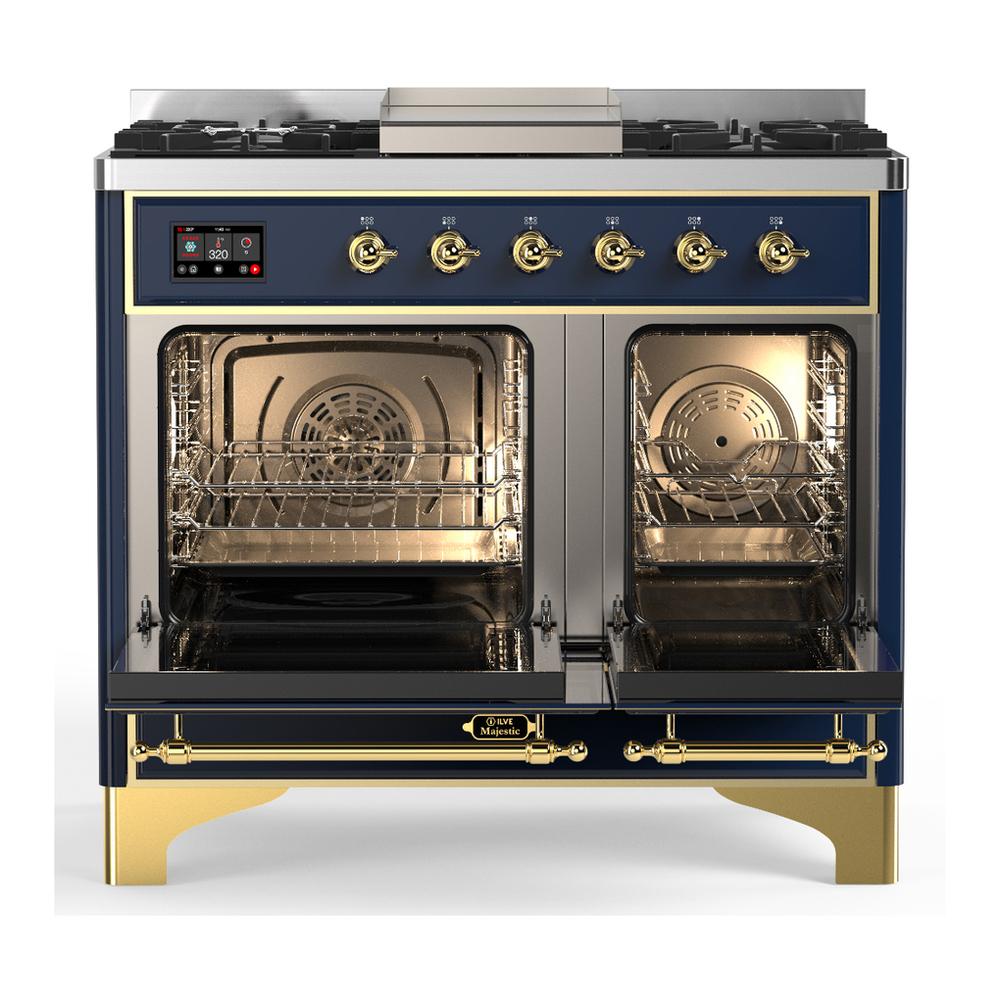 ILVE UMD40FQNR3MBG Majestic III 40 inch Dual Fuel Range with 6 Burners and Griddle, Dual Function Burner up to 25,000 BTU (Natural Gas, Solid Door, Midnight Blue, Brass)